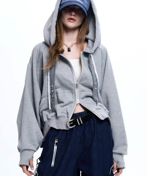 DENIM STRAP CROP HOOD ZIPUP - MELANGE