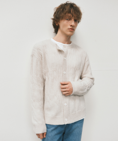 Кабельный вязаный кардиган из шерсти Light Beige (WC25-KN69)