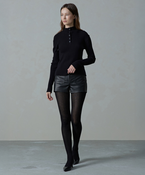 Aera tension-fit henley rib half-neck knit_black