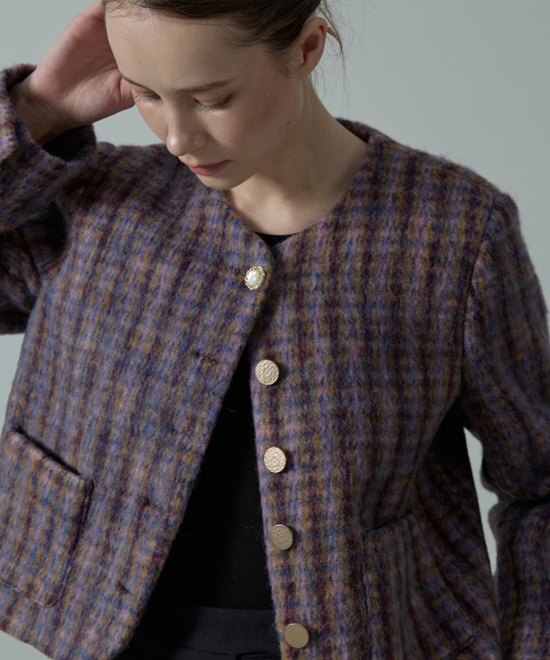 Florene шерсть check пуговица tweed jacket_purple