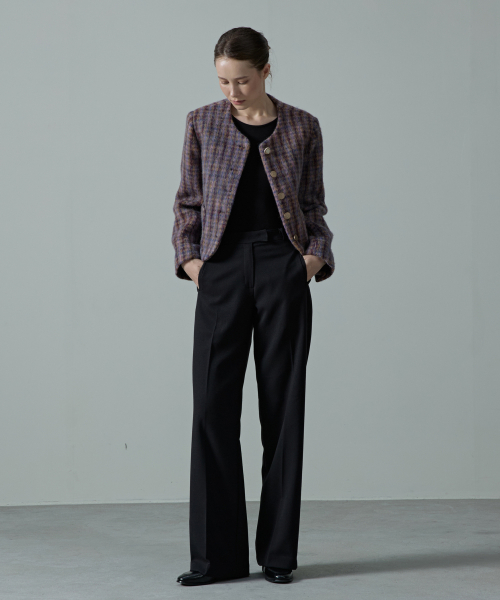 Florene шерсть check пуговица tweed jacket_purple