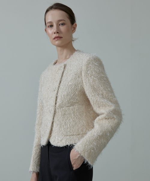 Glitter шерсть metallic pearl tweed пуговица jacket_cream