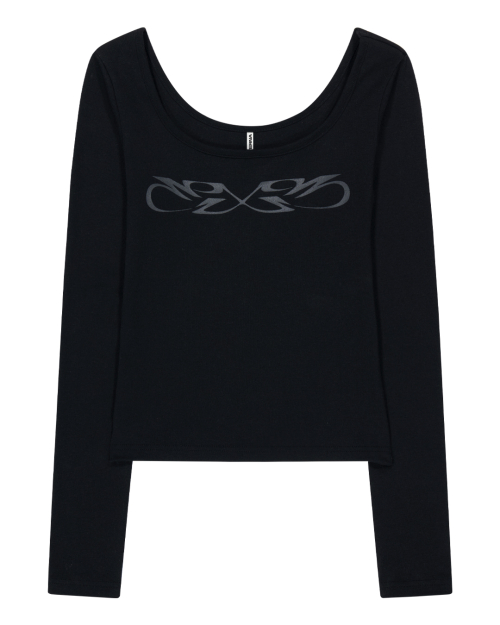 Graphic u-neck long sleeve t-рубашка-чёрный