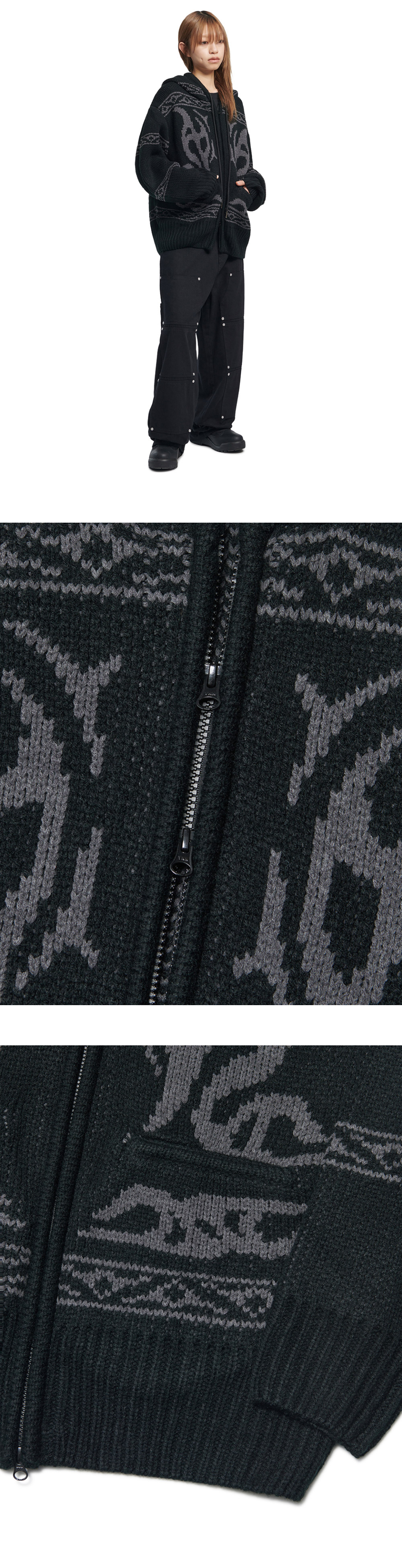 MUSINSA公式 | NOMANUAL COWICHAN HOODED ZIP-UP - BLACK