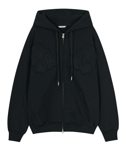 Flower Appliqué Zip Hoodie [Black]