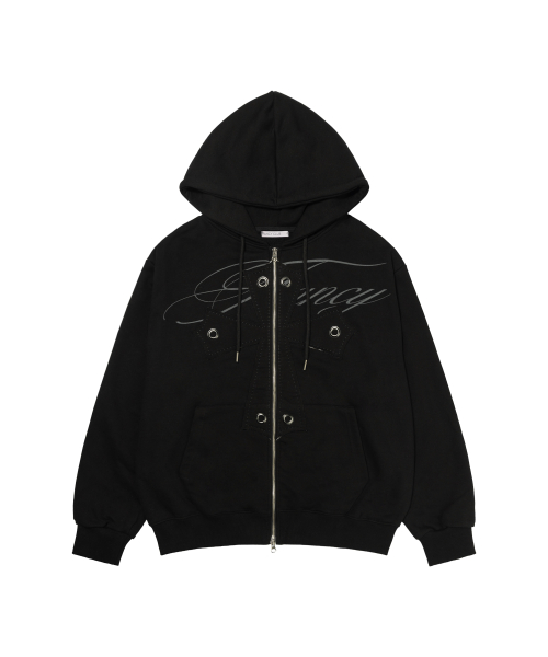 BIG CROSS EYELET HOODED ZIP-UP (BLACK) F26QB038