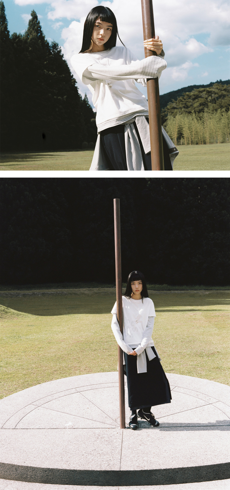 오헤시오(OHESHIO) LOGO LAYERED STRIPE LONG T-SHIRT, NAVY