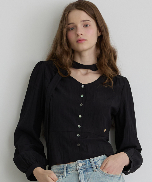 PEARL BUTTON SCARF BLOUSE BK