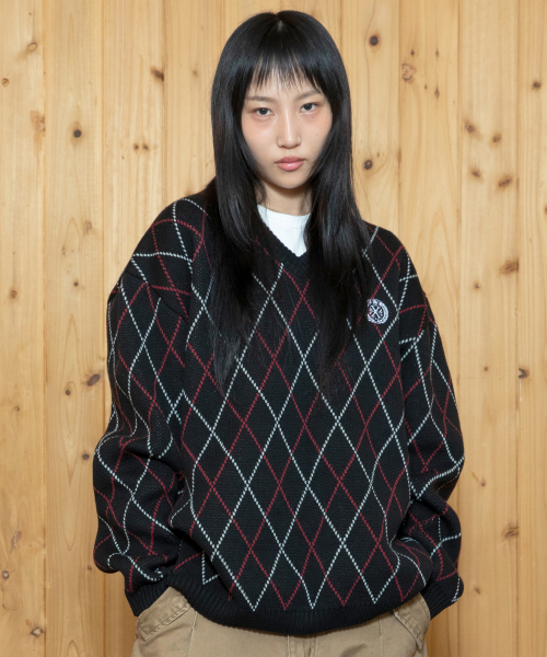 Пуловер XTK171 Argyle V-neck Knit (BLACK)