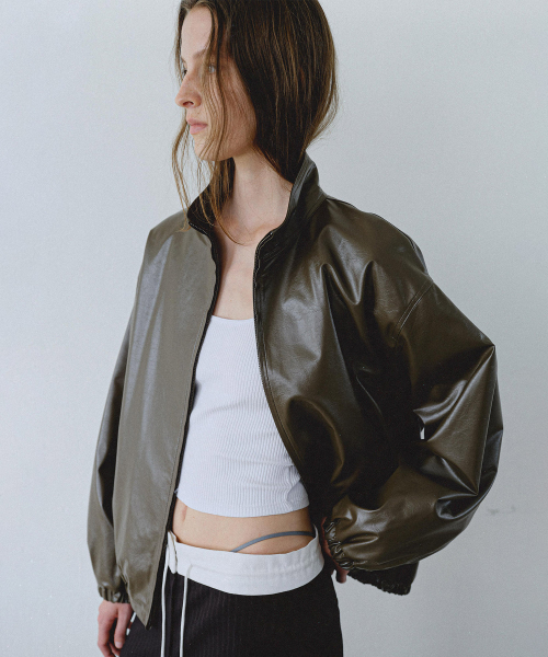 HIGH NECK кожа BLOUSON - KHAKI