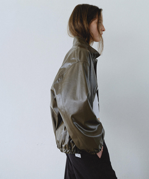 HIGH NECK кожа BLOUSON - KHAKI