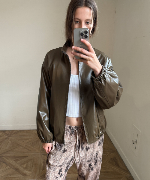 HIGH NECK кожа BLOUSON - KHAKI