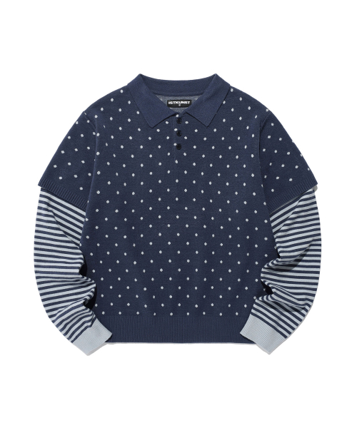 DOT STRIPE LAYERD COLLAR KNIT_NAVY(IK2FFMK641A)