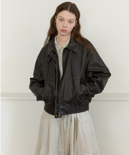Dusty vintage snap leather jacket - brown