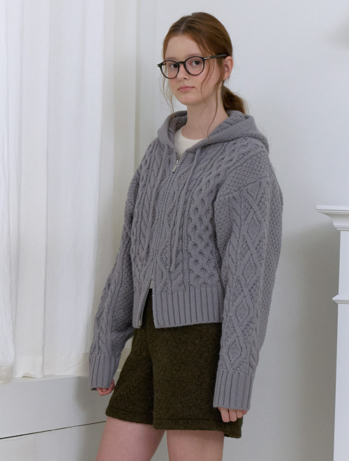 Cable two way knit zipup cardigan - gray
