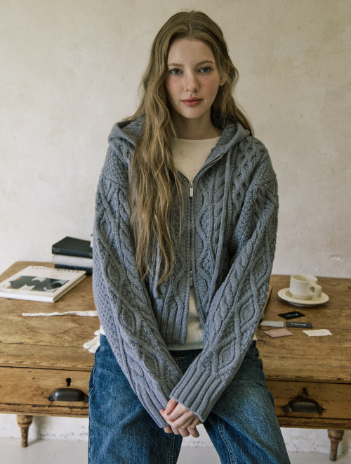 Cable two way knit zipup cardigan - gray