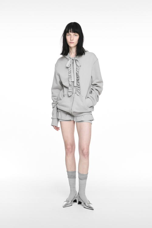 RUFFLE HOODIE ZIP-UP LIGHT GRAY