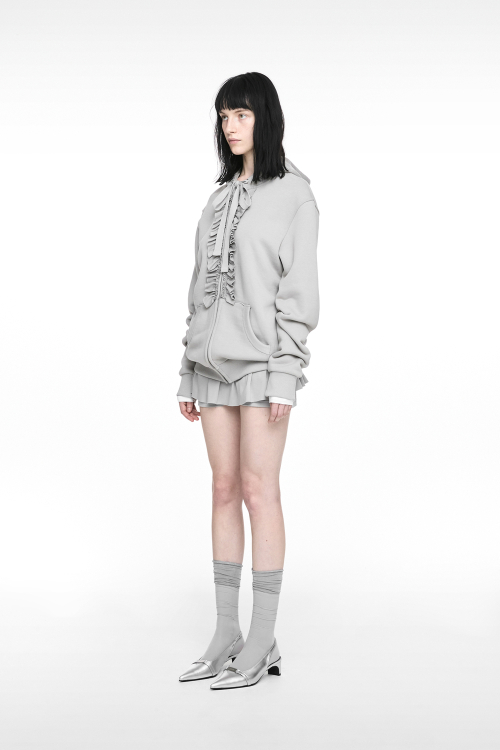RUFFLE HOODIE ZIP-UP LIGHT GRAY