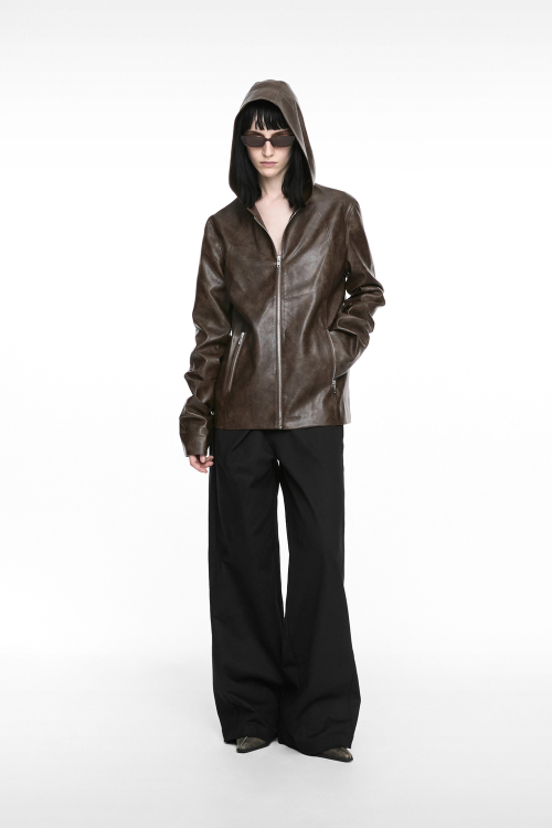 HOODIE LEATHER JACKET (UNISEX) BROWN