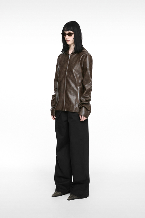 HOODIE LEATHER JACKET (UNISEX) BROWN
