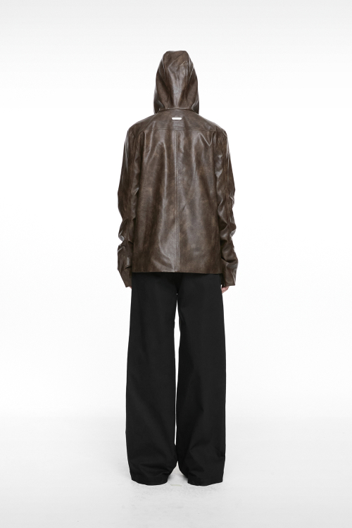 HOODIE LEATHER JACKET (UNISEX) BROWN