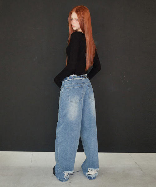 Eyelet Denim Pants Medium Blue