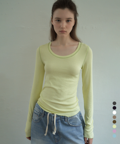 Contrast Stitch Soft U-neck Long Sleeve T-Shirt_CTT393(8color)