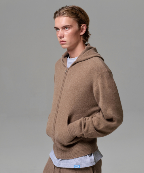 MEN CASHMERE BLEND ZIP KNIT HOODIE - NEUTRAL BROWN