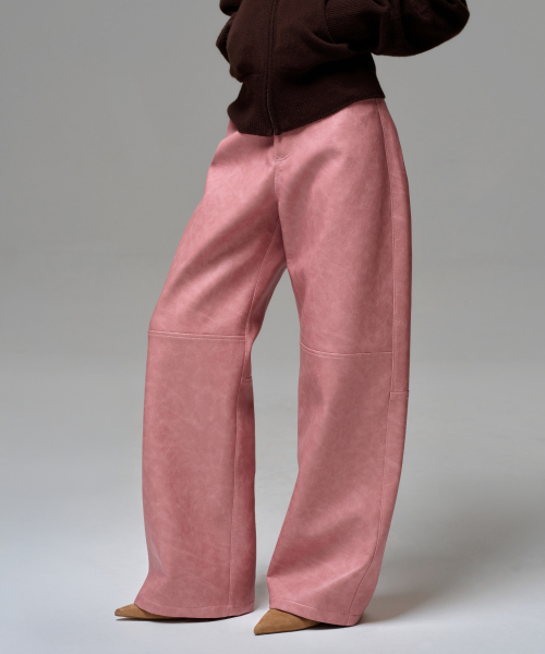 WOMEN FAUX LEATHER TWO-TONE PANEL PANTS - ROSEWOOD