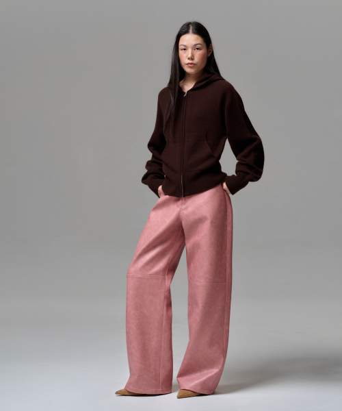 WOMEN FAUX LEATHER TWO-TONE PANEL PANTS - ROSEWOOD