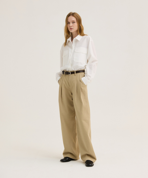 [На флисе][-6cm short] Брюки хлопковые W1104 с двумя защипами_Beige
