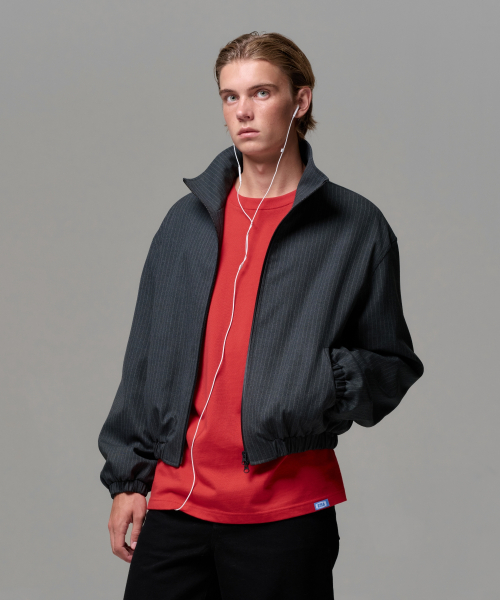 UNISEX PINSTRIPE HIGHNECK ZIP-UP BLOUSON - CHARCOAL GRAY