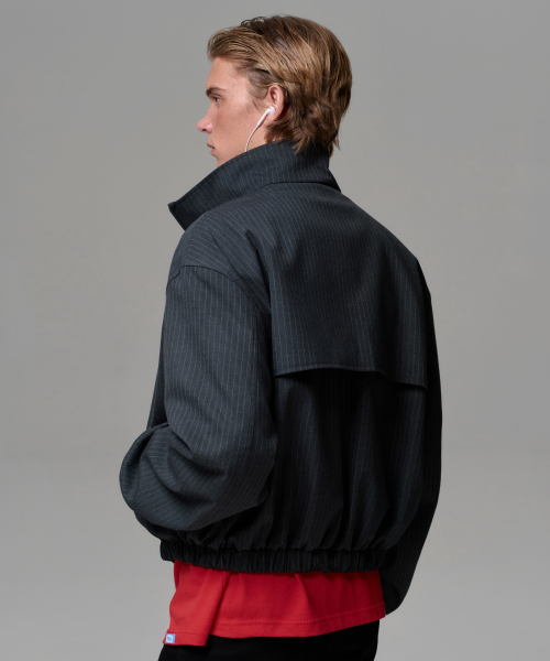 UNISEX PINSTRIPE HIGHNECK ZIP-UP BLOUSON - CHARCOAL GRAY