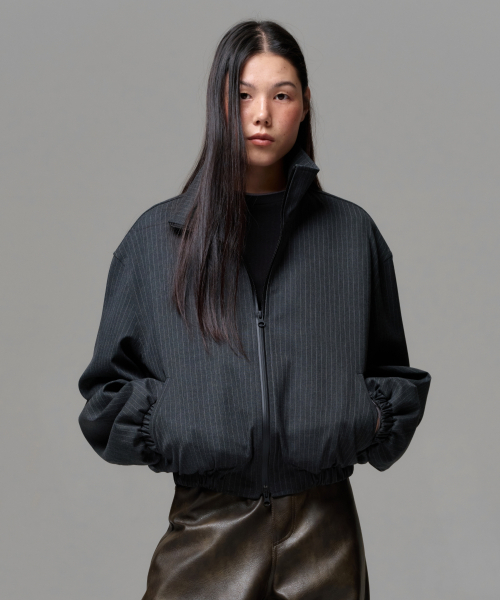 UNISEX PINSTRIPE HIGHNECK ZIP-UP BLOUSON - CHARCOAL GRAY