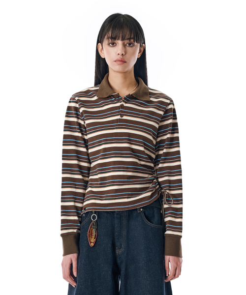 W.Striped Slim Shirred Polo [BROWN]_SEWTS014BROWN