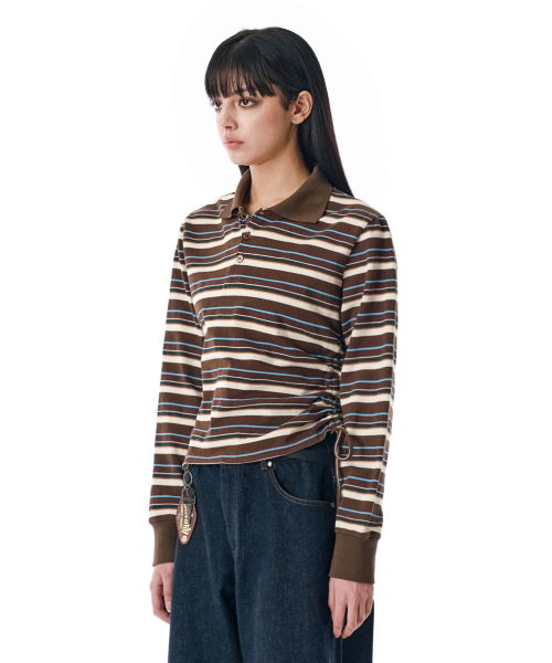 W.Striped Slim Shirred Polo [BROWN]_SEWTS014BROWN