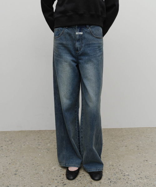 W VINTAGE WASHED DENIM PANTS blue