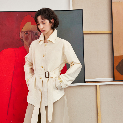 YY_Belt cinched waist mid-length coat