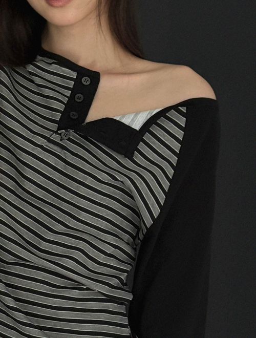 Полосатый лонгслив на пуговицах с контрастной отделкой