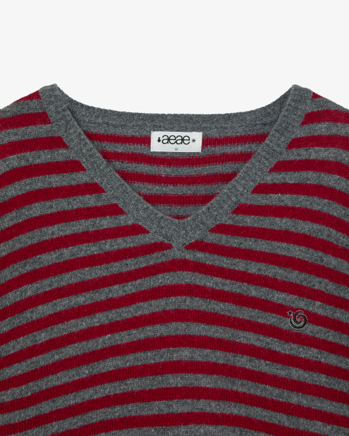 STRIPE V-NECK KNIT PULLOVER [GREY]
