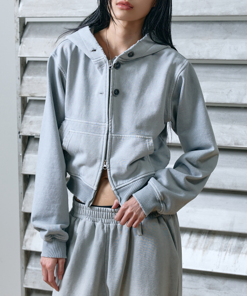 [WOMEN] DOUBLE POCKET CROPPED WASHED ZIP-UP HOODIE (GREY)