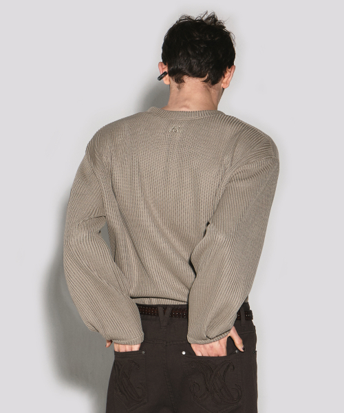 Crew neck balloon sleeve cardigan khaki beige
