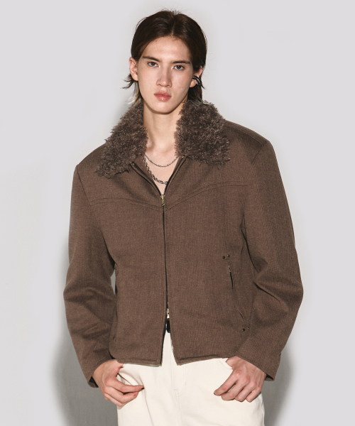 Dust line fur collar herringbone jacket brown