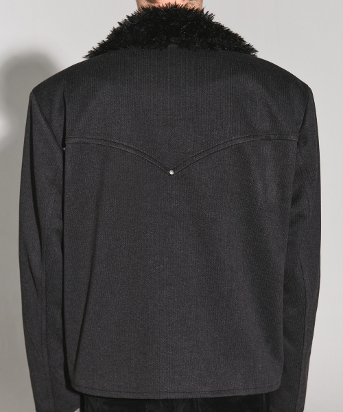 Dust line fur collar herringbone jacket black