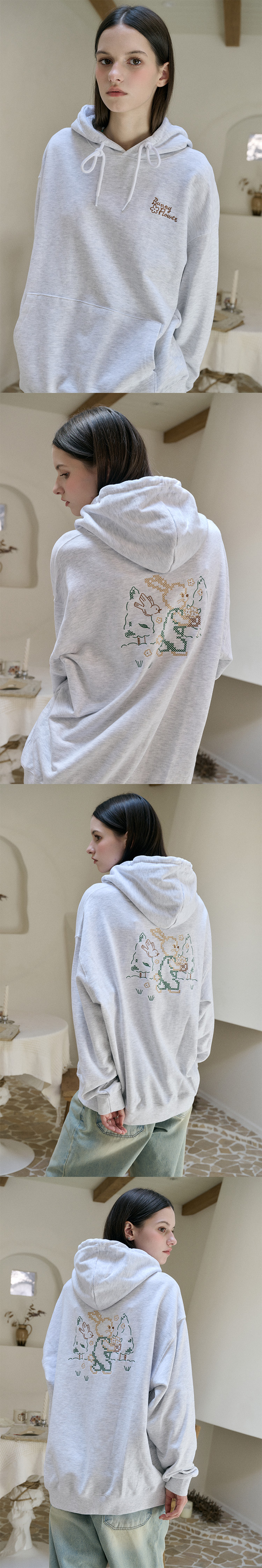 BUNNY EMBROIDERY HOODIE - 2 COLORS MELANGE WHITE