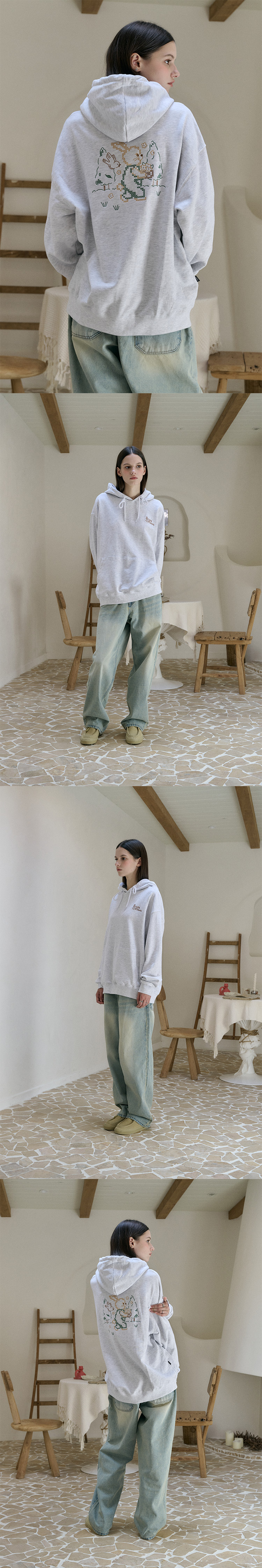 BUNNY EMBROIDERY HOODIE - 2 COLORS MELANGE WHITE