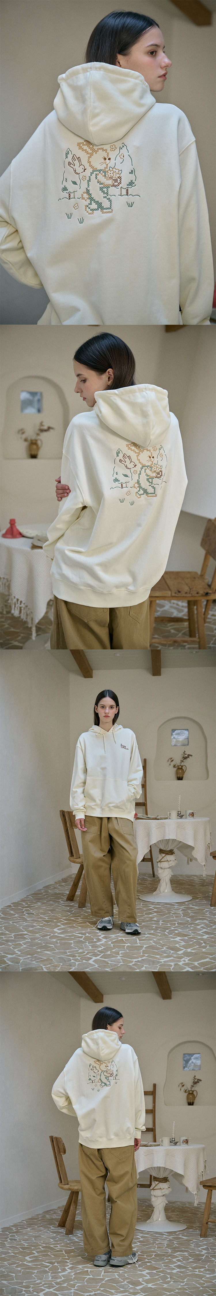 BUNNY EMBROIDERY HOODIE - 2 COLORS CREAM