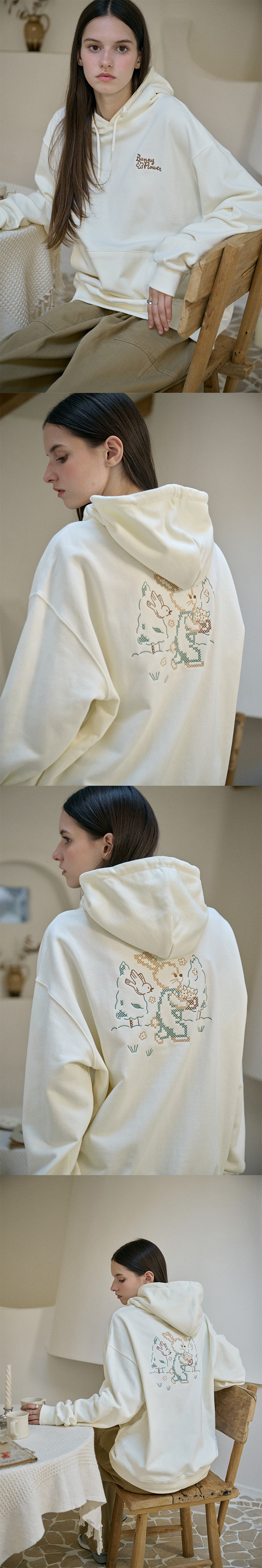 BUNNY EMBROIDERY HOODIE - 2 COLORS CREAM