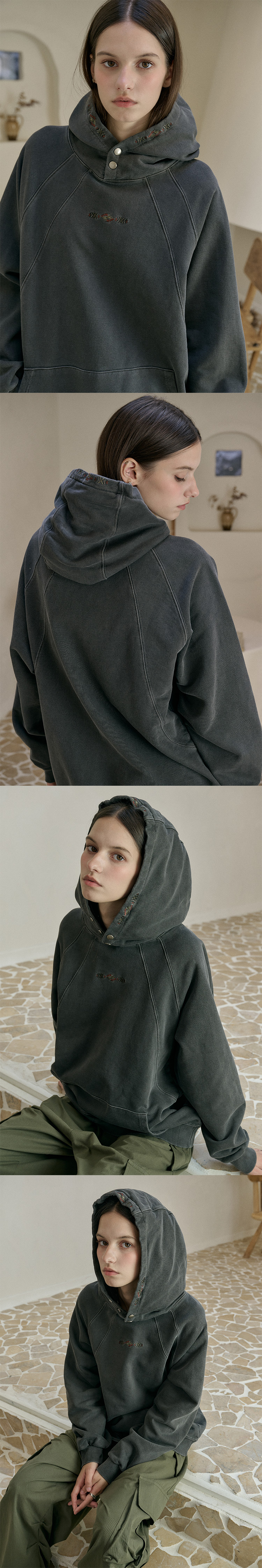 EMBROIDERY SNAP PIGMENT HOODIE - 2 COLORS BLACK