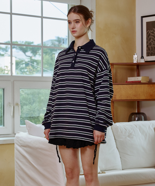 ARETE STRIPE OVERFIT COLLAR T-SHIRT / NAVY